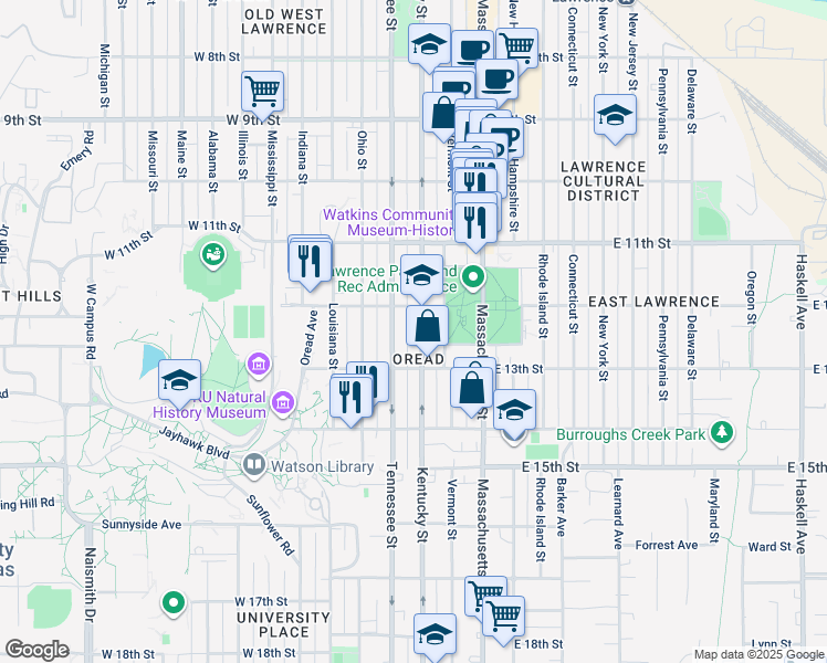 map of restaurants, bars, coffee shops, grocery stores, and more near 1208 Kentucky Street in Lawrence
