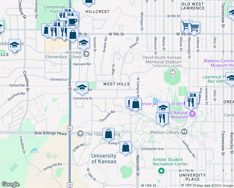 map of restaurants, bars, coffee shops, grocery stores, and more near 1604 W University Dr in Lawrence