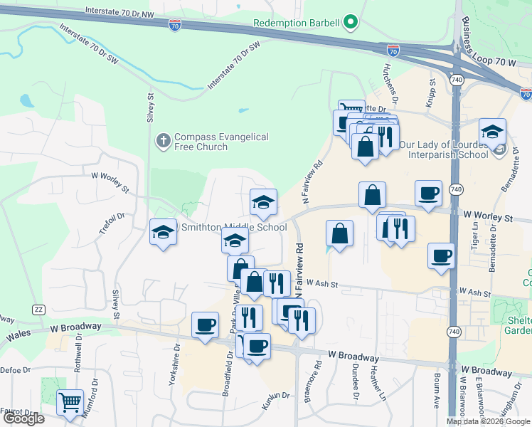 map of restaurants, bars, coffee shops, grocery stores, and more near 704 Park De Ville Place in Columbia