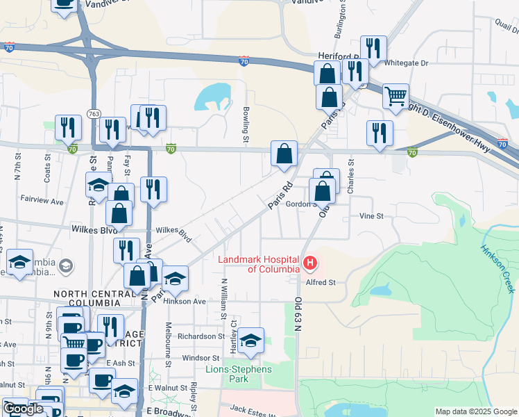 map of restaurants, bars, coffee shops, grocery stores, and more near 1625 Paris Road in Columbia