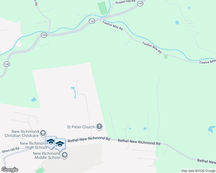 map of restaurants, bars, coffee shops, grocery stores, and more near 127 Woodcreek Lane in New Richmond