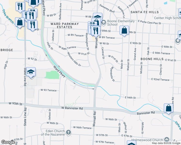 map of restaurants, bars, coffee shops, grocery stores, and more near 9212 Washington St in Kansas City