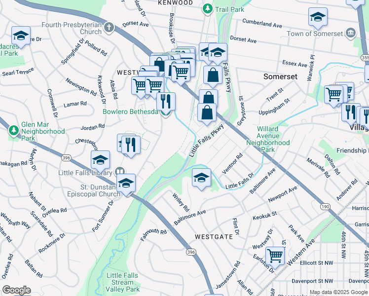 map of restaurants, bars, coffee shops, grocery stores, and more near 5127 Willet Bridge Road in Bethesda