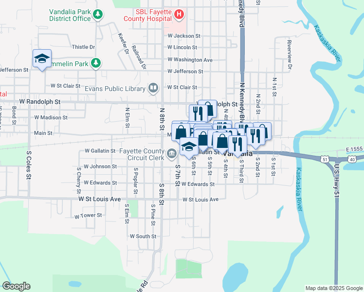 map of restaurants, bars, coffee shops, grocery stores, and more near 629 West Gallatin Street in Vandalia