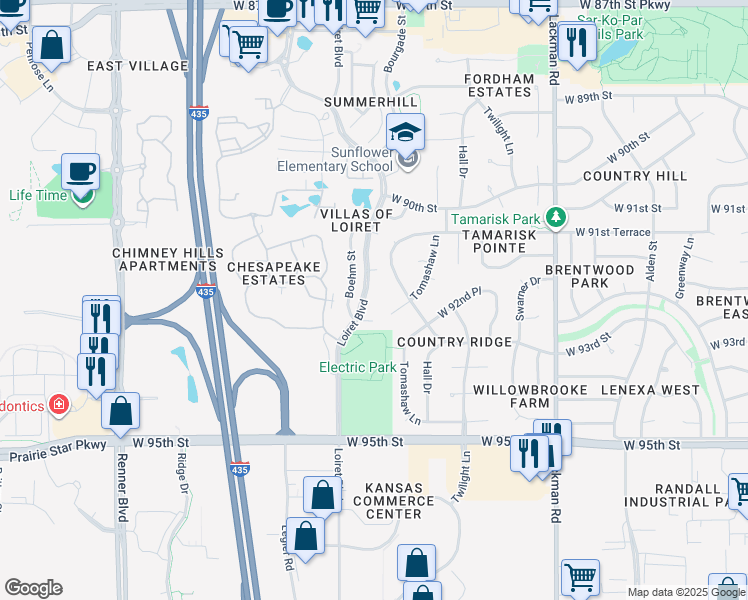 map of restaurants, bars, coffee shops, grocery stores, and more near 9219 Loiret Boulevard in Lenexa