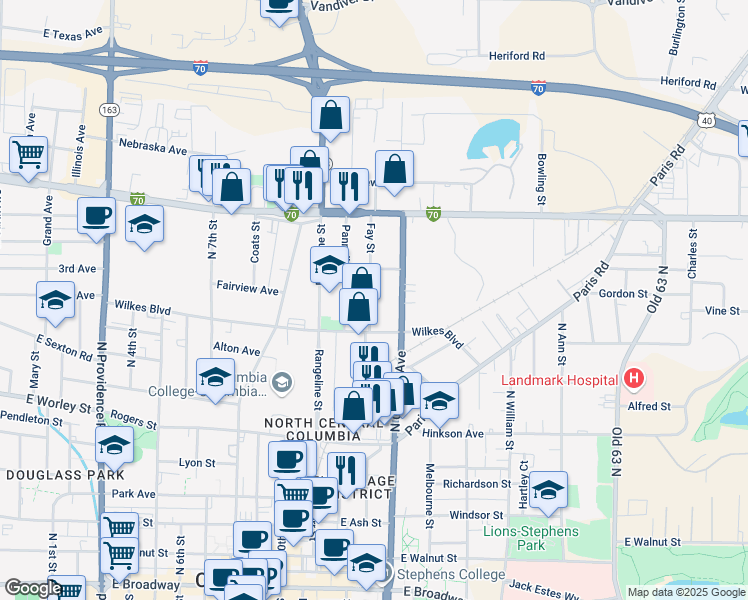 map of restaurants, bars, coffee shops, grocery stores, and more near 1000 Fay Street in Columbia