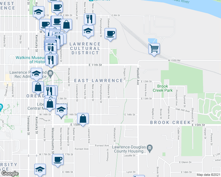 map of restaurants, bars, coffee shops, grocery stores, and more near 1218 Delaware Street in Lawrence