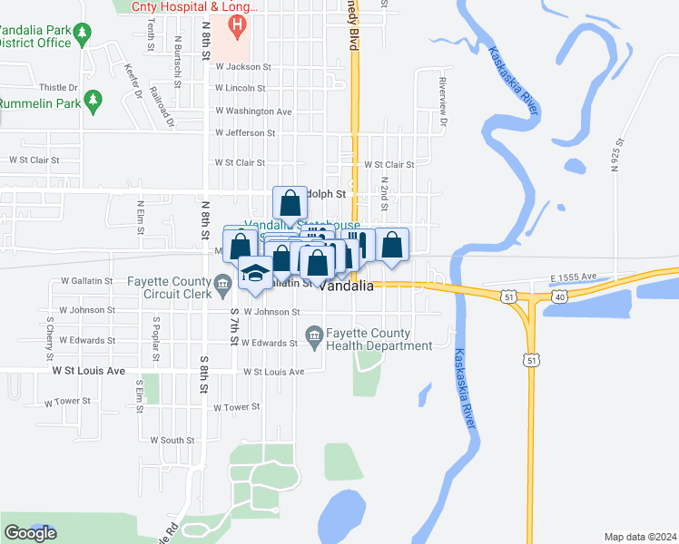 map of restaurants, bars, coffee shops, grocery stores, and more near 315 West Gallatin Street in Vandalia
