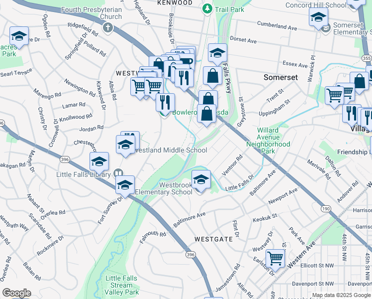 map of restaurants, bars, coffee shops, grocery stores, and more near 5130 Willet Bridge Road in Bethesda