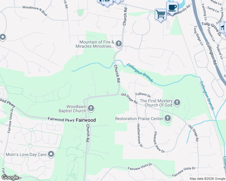map of restaurants, bars, coffee shops, grocery stores, and more near 5212 Church Road in Bowie