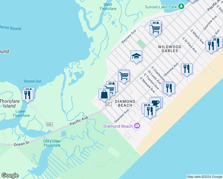 map of restaurants, bars, coffee shops, grocery stores, and more near 111 Austin Avenue in Wildwood Crest