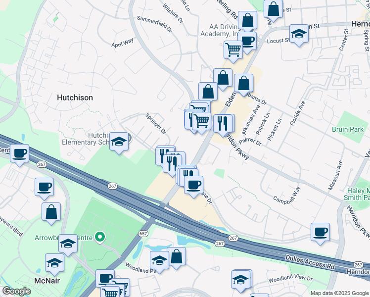 map of restaurants, bars, coffee shops, grocery stores, and more near 2100 Centreville Road in Herndon