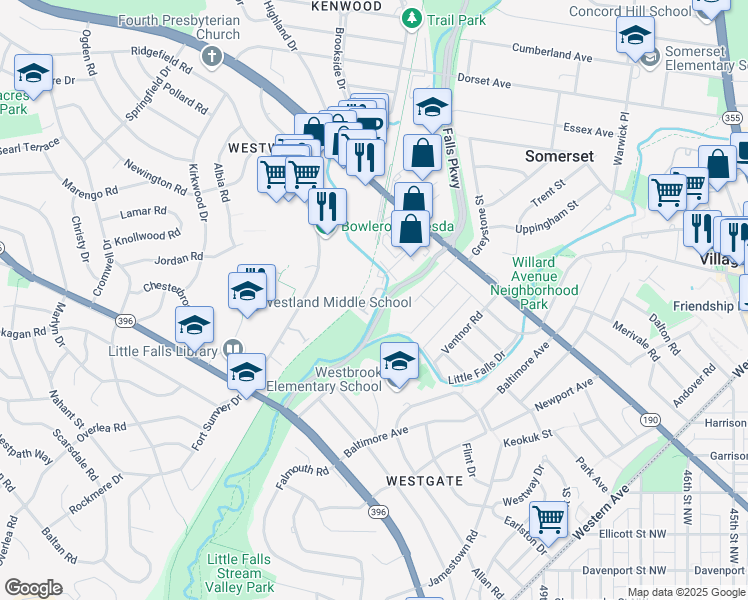 map of restaurants, bars, coffee shops, grocery stores, and more near 5122 Willet Bridge Road in Bethesda