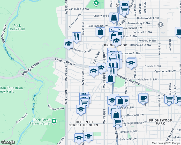 map of restaurants, bars, coffee shops, grocery stores, and more near 1336 Missouri Avenue Northwest in Washington