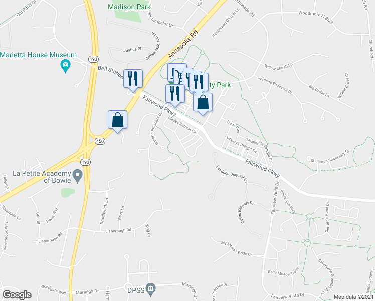 map of restaurants, bars, coffee shops, grocery stores, and more near 12725 Gladys Retreat Circle in Bowie