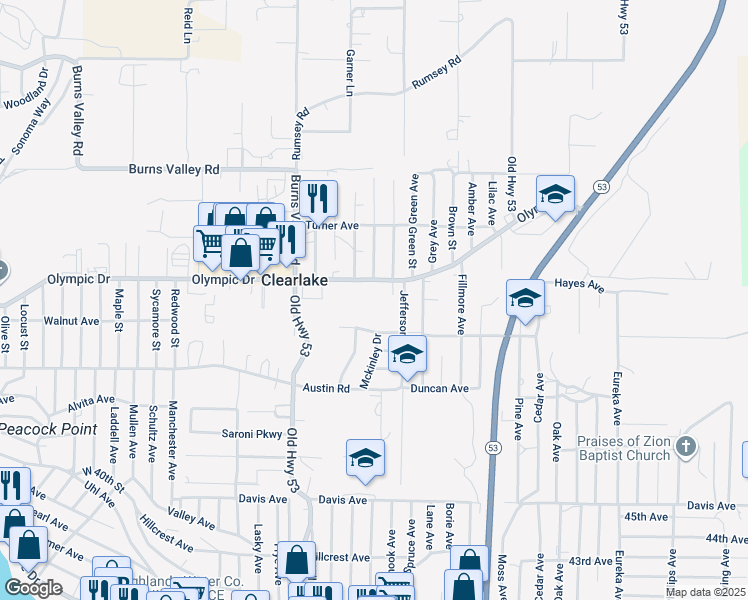 map of restaurants, bars, coffee shops, grocery stores, and more near 15187 Olympic Drive in Clearlake