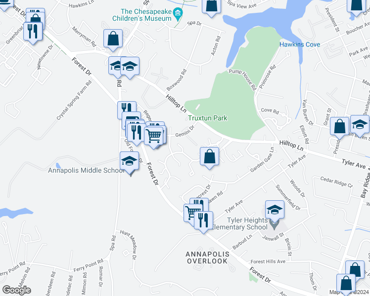 map of restaurants, bars, coffee shops, grocery stores, and more near 4 Youngs Farm Court in Annapolis