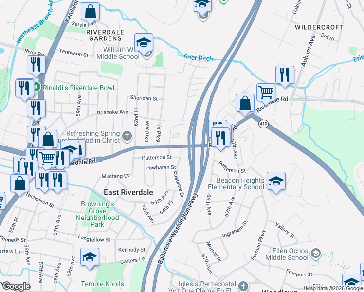 map of restaurants, bars, coffee shops, grocery stores, and more near 6400 Riverdale Rd in RIVERDALE