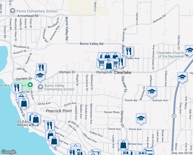 map of restaurants, bars, coffee shops, grocery stores, and more near 3555 Mattioda Court in Clearlake