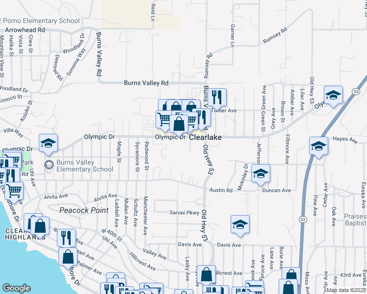 map of restaurants, bars, coffee shops, grocery stores, and more near 14895 Olympic Drive in Clearlake