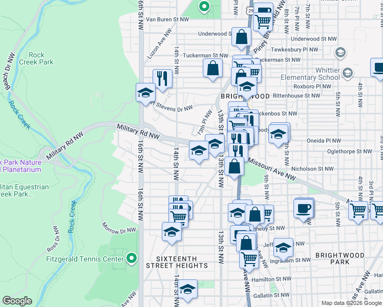 map of restaurants, bars, coffee shops, grocery stores, and more near 1336 Missouri Avenue Northwest in Washington