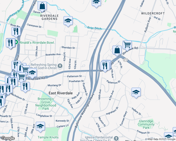 map of restaurants, bars, coffee shops, grocery stores, and more near 6400 Riverdale Road in East Riverdale