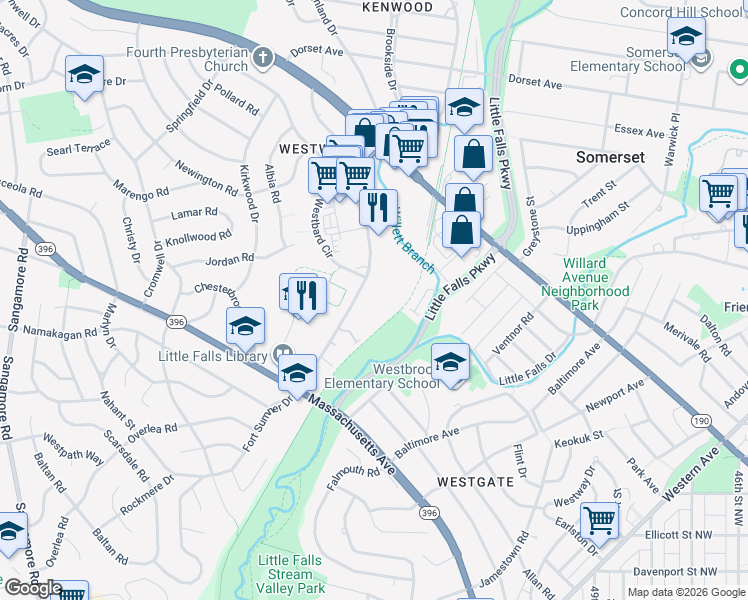 map of restaurants, bars, coffee shops, grocery stores, and more near 5325 Westbard Avenue in Bethesda