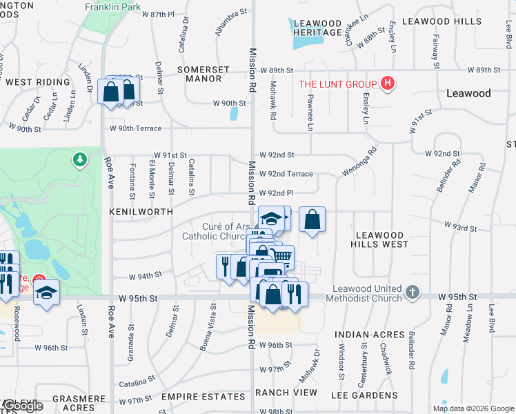 map of restaurants, bars, coffee shops, grocery stores, and more near 3900 West 93rd Street in Prairie Village