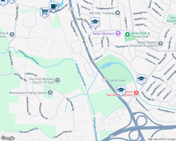 map of restaurants, bars, coffee shops, grocery stores, and more near 12143 Long Ridge Lane in Bowie