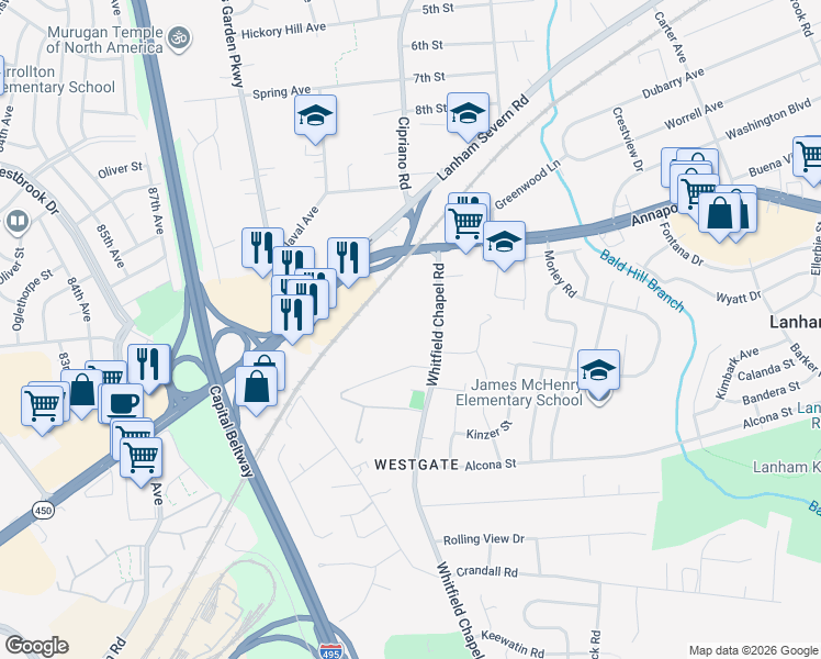 map of restaurants, bars, coffee shops, grocery stores, and more near 5626 Whitfield Chapel Road in Lanham