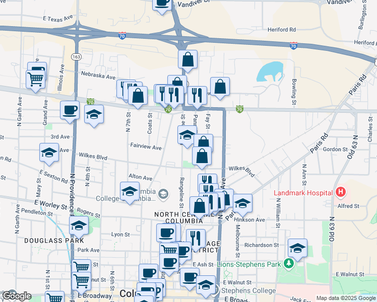 map of restaurants, bars, coffee shops, grocery stores, and more near 1010 Rangeline Street in Columbia