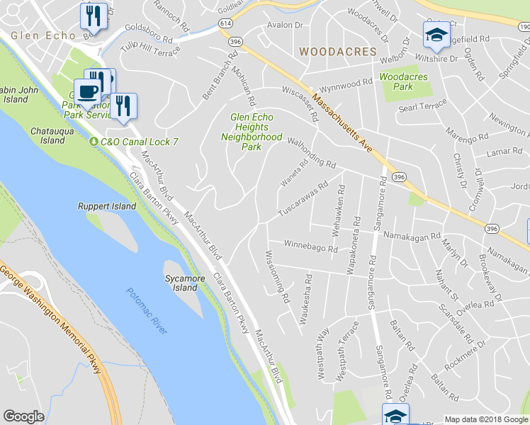 map of restaurants, bars, coffee shops, grocery stores, and more near 6322 Walhonding Road in Bethesda