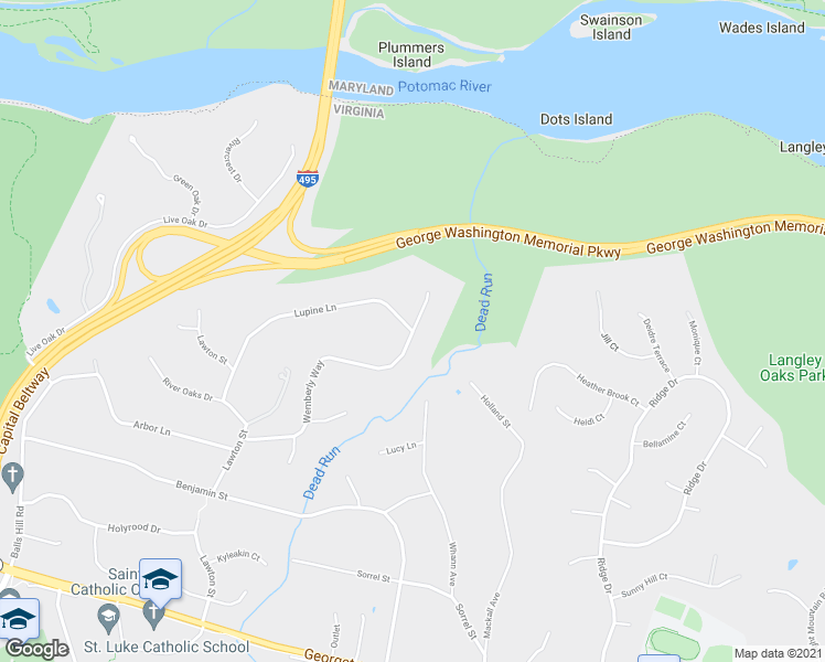 map of restaurants, bars, coffee shops, grocery stores, and more near Wemberly Way & Lupine Ln in McLean