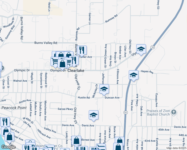 map of restaurants, bars, coffee shops, grocery stores, and more near 15187 Olympic Drive in Clearlake