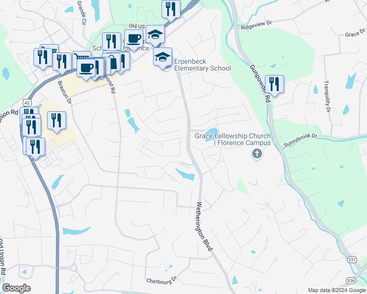 map of restaurants, bars, coffee shops, grocery stores, and more near 1153 Fairman Way in Florence