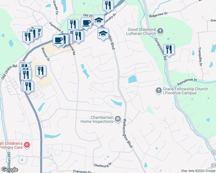 map of restaurants, bars, coffee shops, grocery stores, and more near 1153 Fairman Way in Florence
