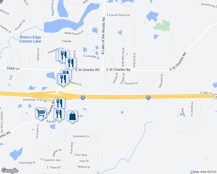 map of restaurants, bars, coffee shops, grocery stores, and more near 765 Demaret Drive in Columbia