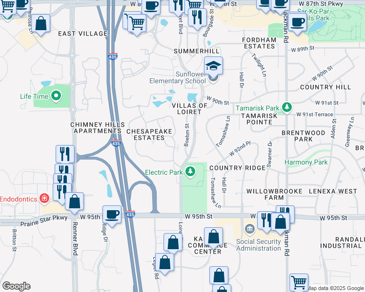map of restaurants, bars, coffee shops, grocery stores, and more near 9224 Boehm Drive in Lenexa
