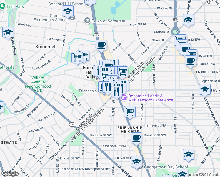 map of restaurants, bars, coffee shops, grocery stores, and more near 5400 Wisconsin Avenue in Bethesda