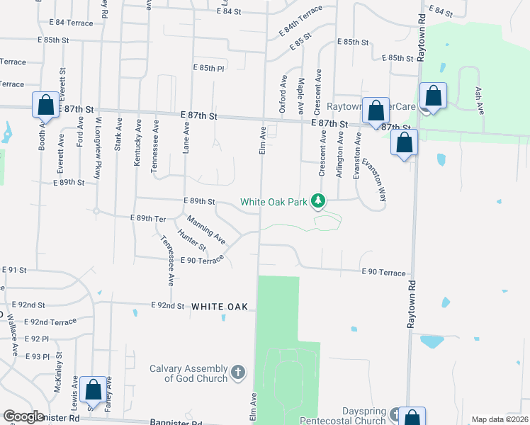 map of restaurants, bars, coffee shops, grocery stores, and more near 8911 Elm Avenue in Kansas City
