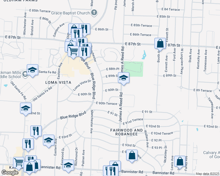 map of restaurants, bars, coffee shops, grocery stores, and more near 7904 East 90th Street in Kansas City