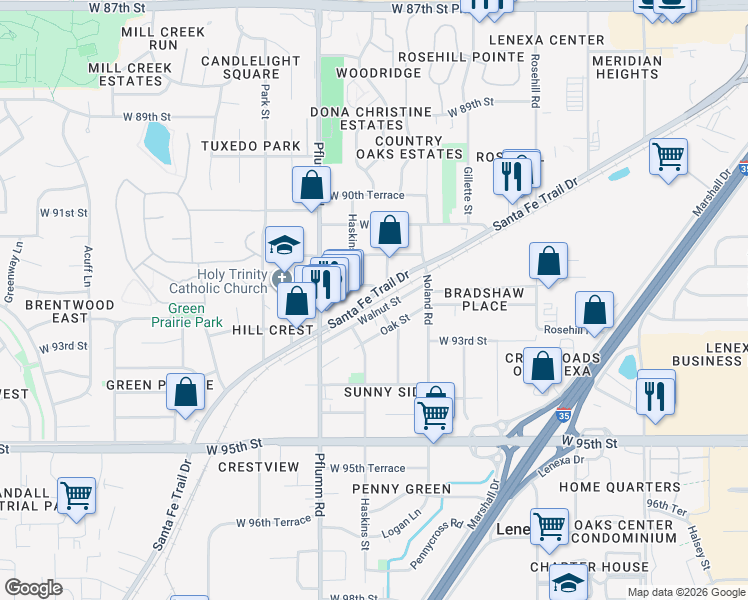 map of restaurants, bars, coffee shops, grocery stores, and more near 13301 Santa Fe Trail Drive in Lenexa
