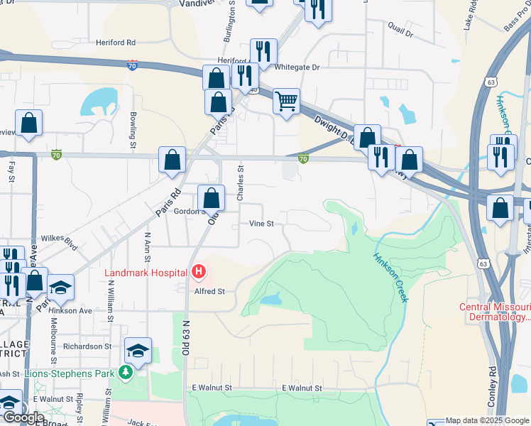 map of restaurants, bars, coffee shops, grocery stores, and more near 2021 Hazelwood Drive in Columbia