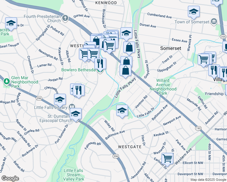map of restaurants, bars, coffee shops, grocery stores, and more near 5128 Willet Bridge Road in Bethesda