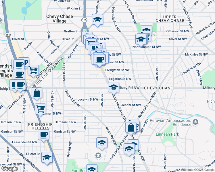 map of restaurants, bars, coffee shops, grocery stores, and more near 5400 Connecticut Avenue Northwest in Washington