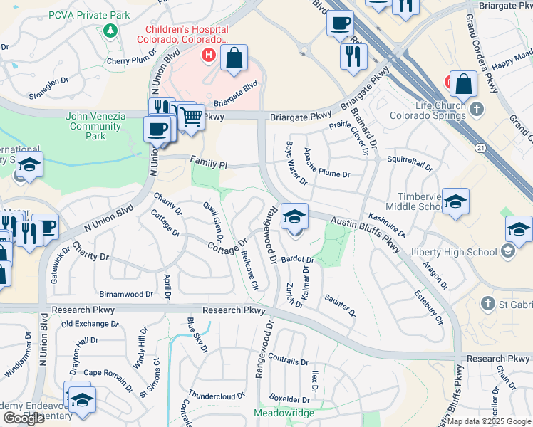 map of restaurants, bars, coffee shops, grocery stores, and more near 9310 Bellcove Circle in Colorado Springs