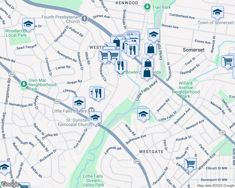map of restaurants, bars, coffee shops, grocery stores, and more near 5325 Westbard Avenue in Bethesda