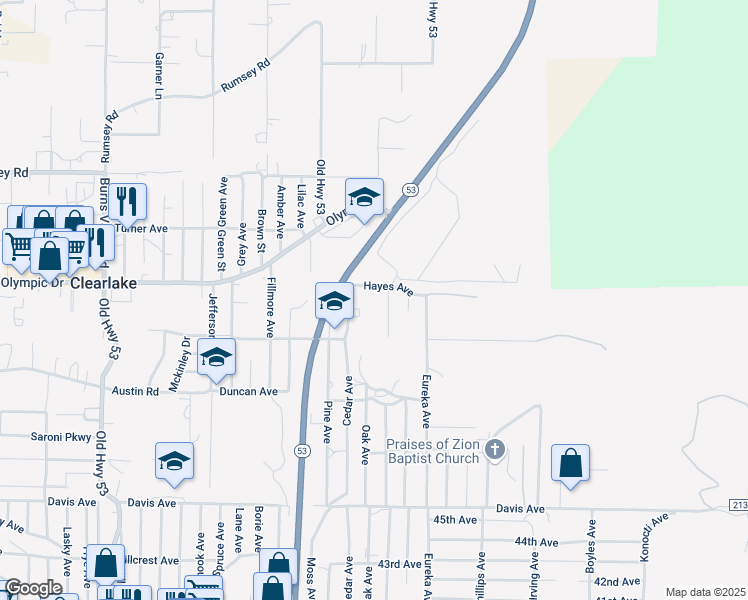 map of restaurants, bars, coffee shops, grocery stores, and more near 3542 Pierce Avenue in Clearlake