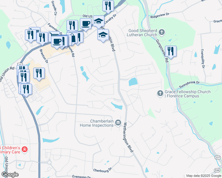 map of restaurants, bars, coffee shops, grocery stores, and more near 1153 Fairman Way in Florence
