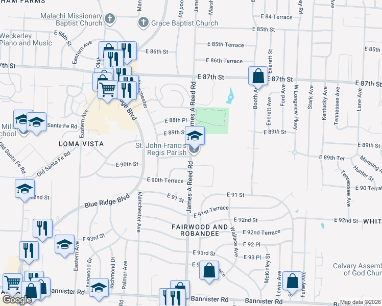 map of restaurants, bars, coffee shops, grocery stores, and more near 9000 James A Reed Road in Kansas City